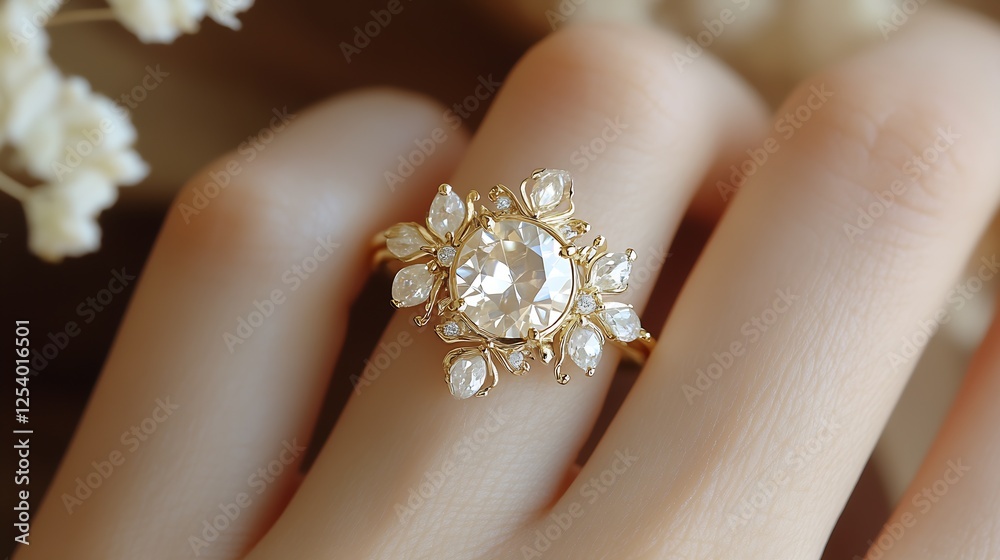 Poster charming golden ring adorned with a large gemstone and delicate leaf accents, creating a luxurious a