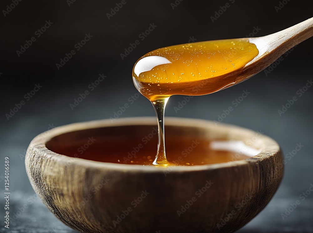 Poster golden honey pouring from a wooden spoon into a rustic bowl on a dark surface : generative ai