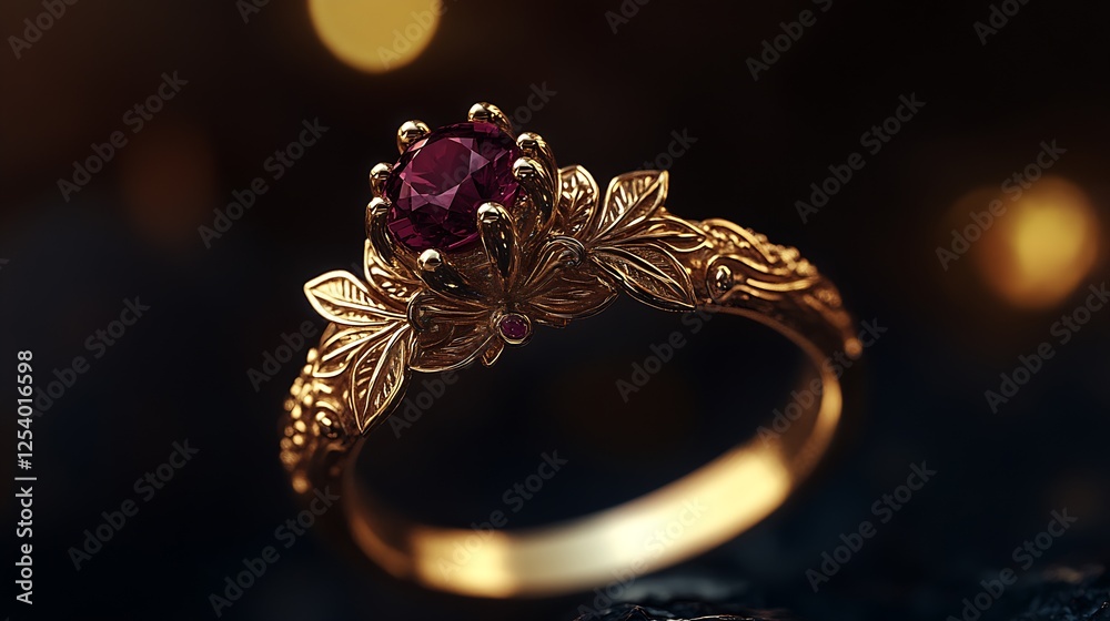 Poster elegant gold ring adorned with a striking ruby surrounded by delicate leaf motifs : generative ai