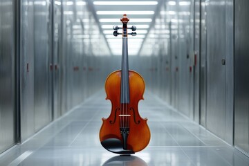 Elegant violin standing symmetrically in a modern corridor, symbolizing harmony and contrast between classical art and contemporary space.