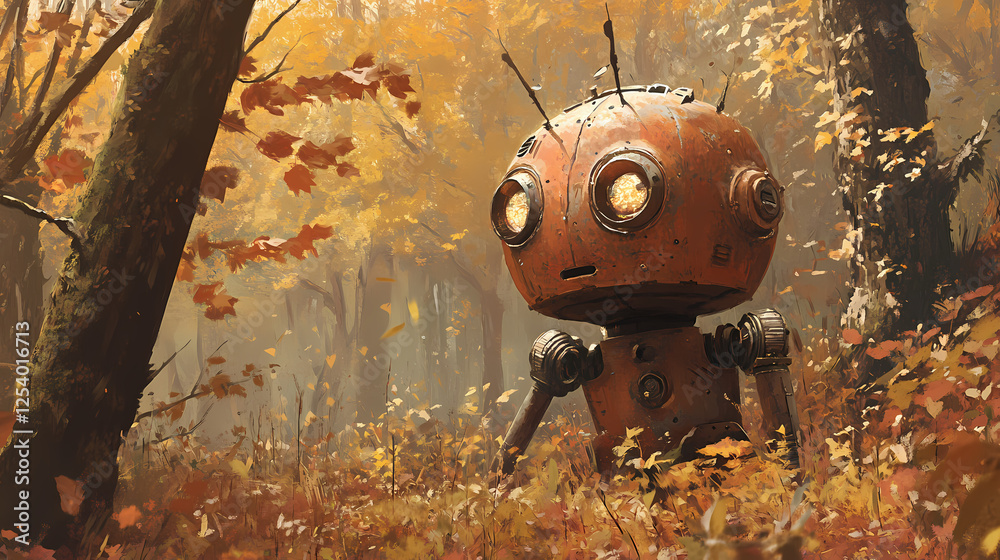 Wall mural rusty robot in autumn woods: a whimsical journey into the heart of nature with a unique mechanical c