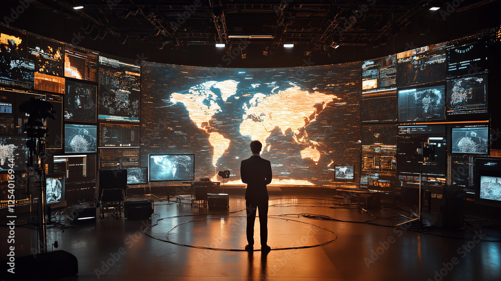 Wall mural man in command center analyzing futuristic world map with data on massive digital screens