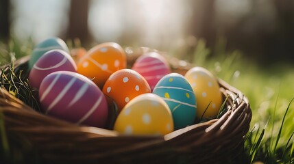 Charming Easter Eggs in a Basket Nestled Amongst Fresh Green Grass and Soft Light : Generative AI