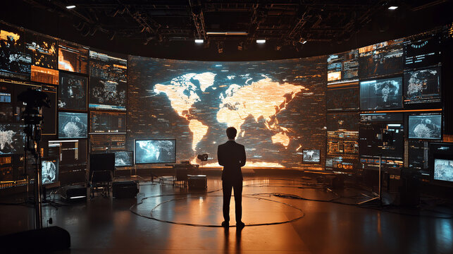 Man in command center analyzing futuristic world map with data on massive digital screens - Powered by Adobe