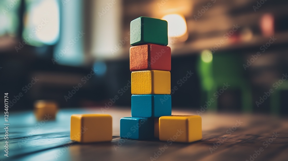 Aufkleber Vibrant Stacked Wooden Blocks in a Playful Arrangement on a Rustic Table : Generative AI