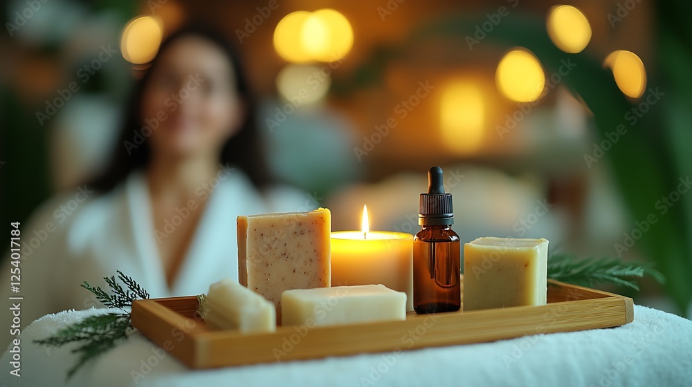 Aufkleber close view of aromatic spa setup with essential oils and handmade soaps surrounded by soothing ambia