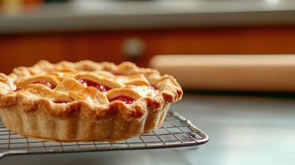 Homemade fruit pie on cooling rack in kitchen