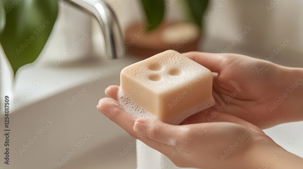 Poster close up view of hands holding a bar of soap with bubbles in a serene bathroom setting : generative 