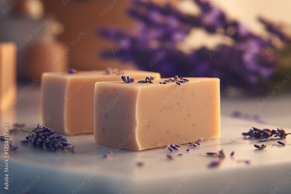 Poster handcrafted lavender soap bars arranged on a marble table with delicate lavender petals scattered ar