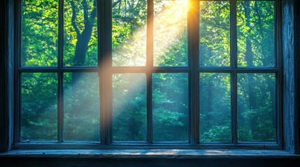 Fototapeta premium Sunlight streams through window, lush forest view, peaceful morning scene, ideal for relaxation themes