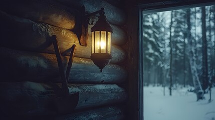 Illuminated Lantern on Rustic Log Cabin Wall Winter Scene