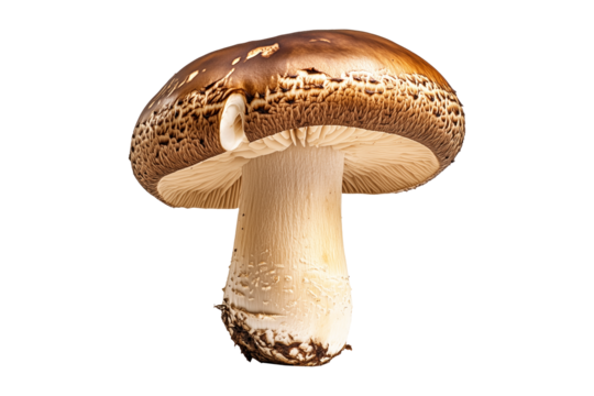 Closeup of Portobello mushroom showing its textured cap and stem isolated on a white background.