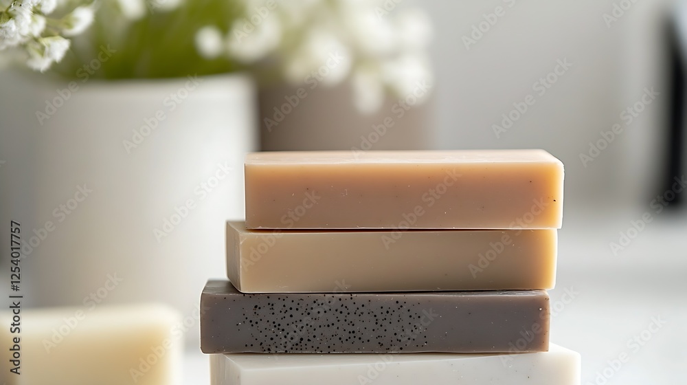 Poster Natural handmade soap bars stacked elegantly on a table with soft focus background : Generative AI