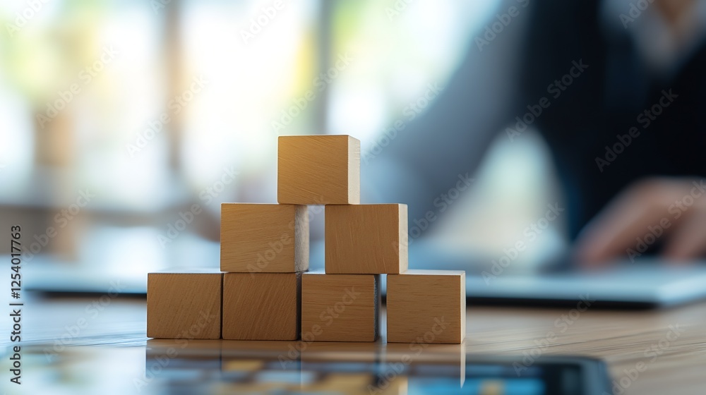 Aufkleber Simple wooden blocks neatly stacked forming a tower with a blurred person in background : Generative AI