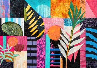 Abstract art featuring composting techniques and plant growth with bold geometric patterns