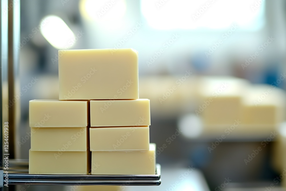 Poster Neatly arranged bars of soap in a soft focus showcasing their creamy texture in a contemporary setting : Generative AI