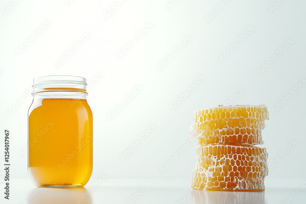 Poster freshly harvested honey in a jar accompanied by honeycombs highlighting nature's sweet offerings in 