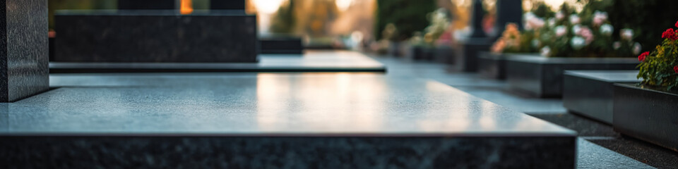 Polished granite tombstones in a clean and well-maintained cemetery. A peaceful and respectful place for remembrance and reflection.
