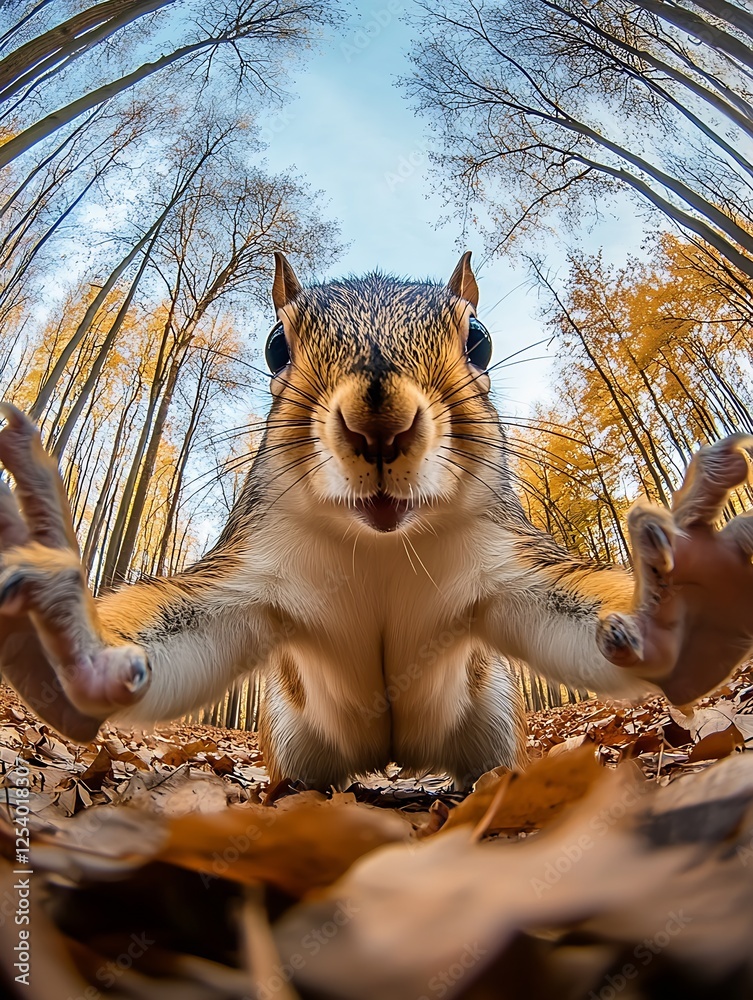 Poster Curious Squirrel Reaching Out with Front Paws in Autumn Forest : Generative AI