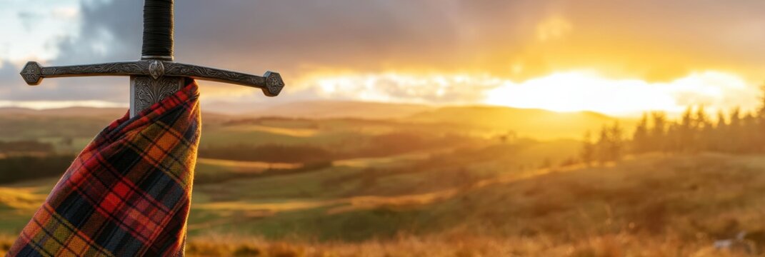 highland fashion, a stylish presentation of a colorful plaid sash on a scottish claymore sword against a misty highland backdrop