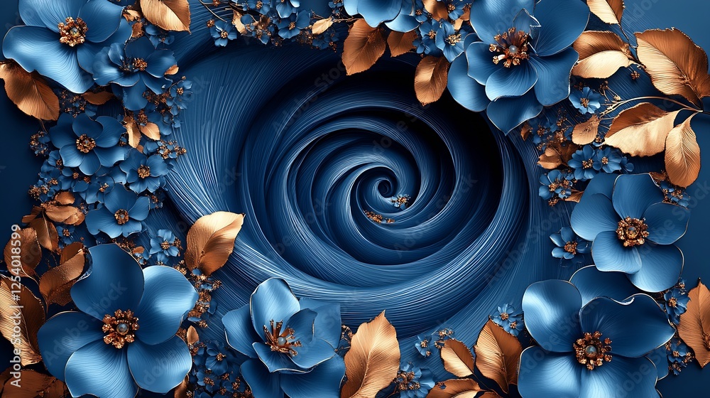 Poster dynamic floral composition featuring blue flowers and gold leaves in a captivating swirl pattern : g