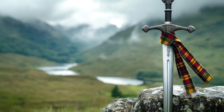 scottish fashioniology, a chic magazine cover showcasing a bold tartan sash on a scottish claymore sword, set against a dreamy scottish highland landscape