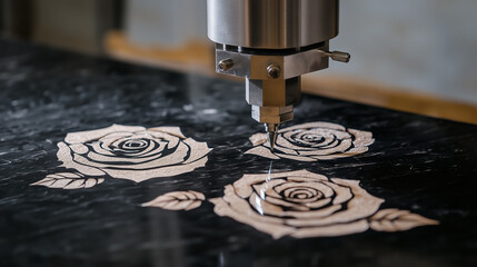 CNC machine engraving rose patterns on a polished black granite surface. Precision stone carving process for memorial plaques and tombstones.