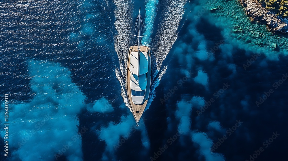 Poster dynamic aerial perspective of a yacht sailing in the turquoise waters of the coastline : generative 