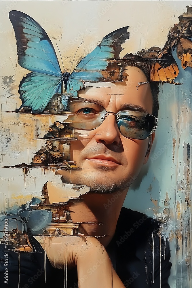Poster artistic representation of a man with striking butterflies integrated into his portrait : generative