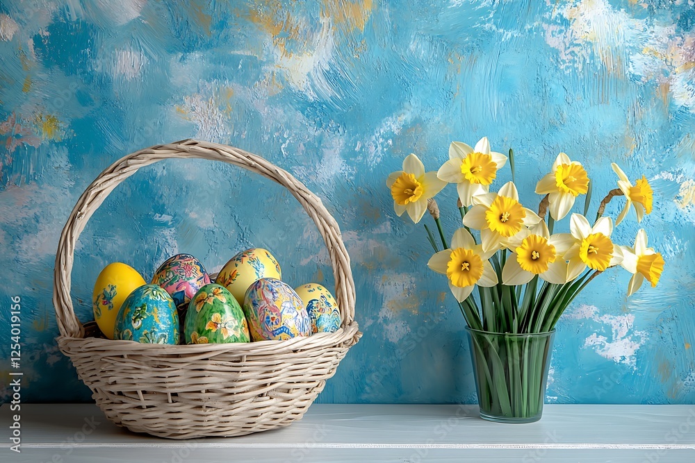 Poster easter eggs nestled in a basket with daffodils in a bright turquoise setting : generative ai