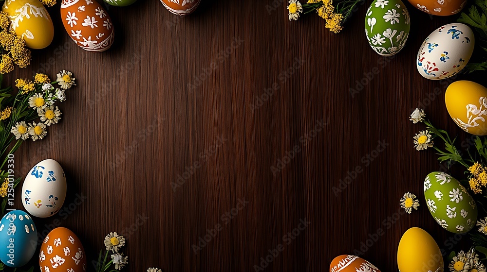 Aufkleber charming display of easter eggs surrounded by flowers on a wooden backdrop : generative ai