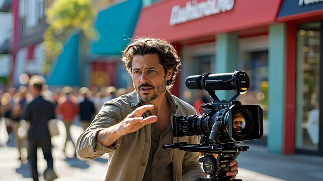 Film Director Operating a Professional Video Camera on a Busy Urban Street During an Outdoor Shoot

