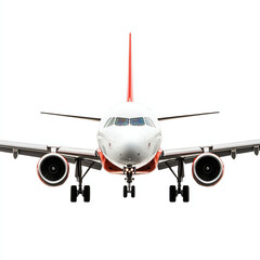 A front view of a modern airplane ready for takeoff on a white background. The aircraft features sleek design and vibrant colors, symbolizing air travel and adventure.