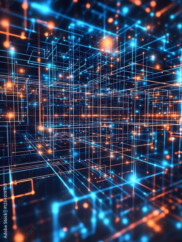 Poster Intricate digital grid landscape filled with glowing nodes and vibrant color scheme showcasing technology : Generative AI