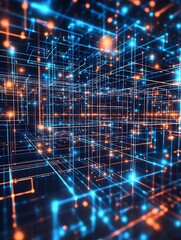 Obraz premium Intricate digital grid landscape filled with glowing nodes and vibrant color scheme showcasing technology : Generative AI