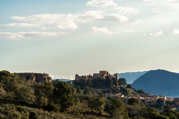 Obraz premium Panoramic view, Templar castle in a hill, in Montesa town, Comunidad Valenciana (Spain). 