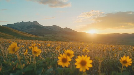 Fototapeta premium Field of Sunflowers and Mountain Background