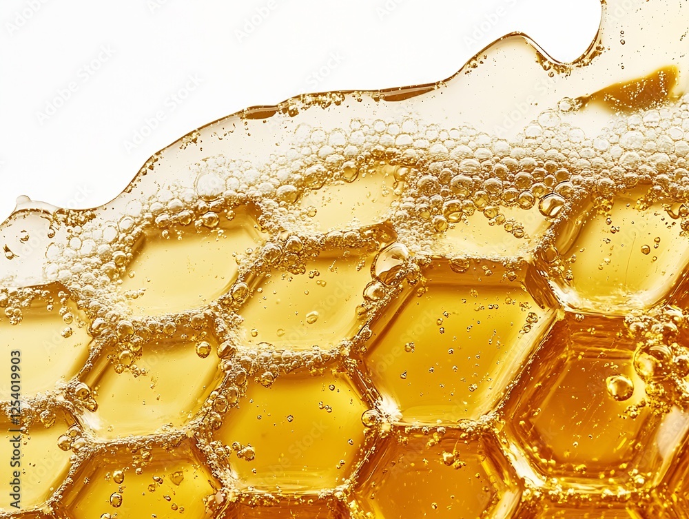 Poster detailed close up of honeycomb with golden honey and bubbles for creative use : generative ai
