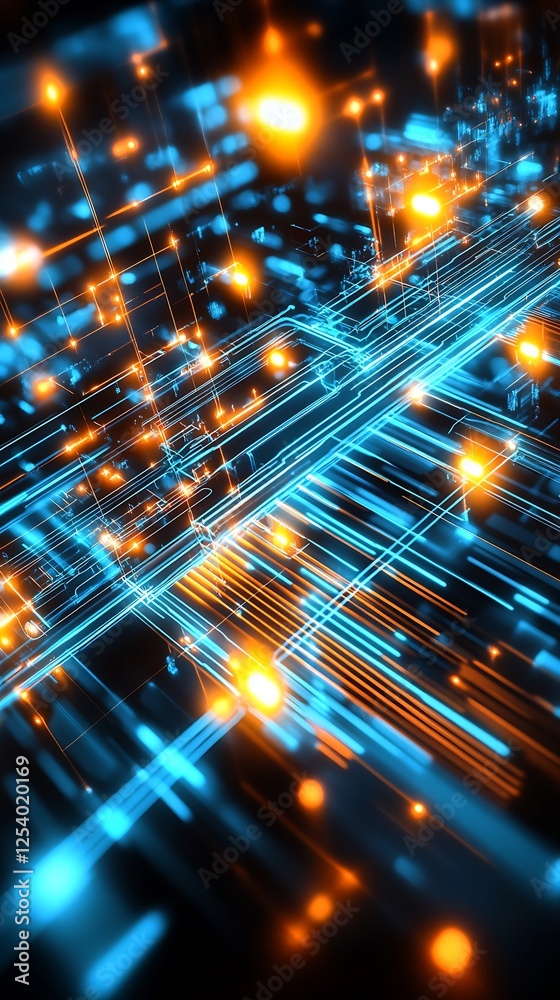 Poster Futuristic Digital Circuitry with Glowing Lines and Bright Orbs in a Dark Background : Generative AI