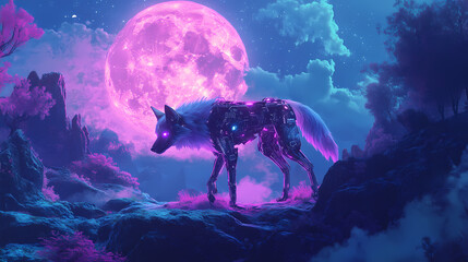 A glowing mechanical wolf roaming under a full moon in an enchanted landscape, digital art of futuristic wildlife concept. Mechanical Forests. Illustration