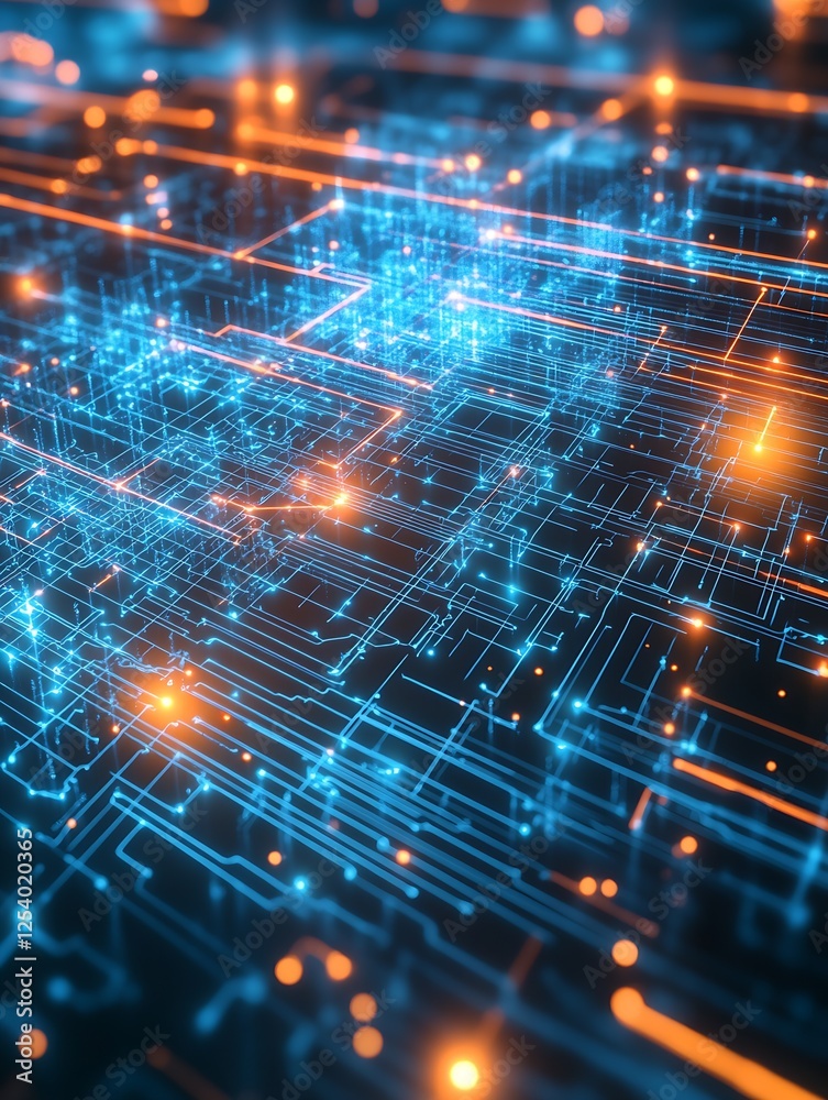 Poster Dynamic Digital Circuit Board Close Up Featuring Bright Glowing Lights and Intricate Lines in a Neon Futuristic Style : Generative AI