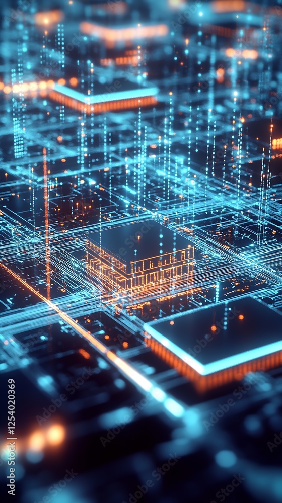 Poster Intricate digital circuit board scene featuring glowing microchips and vibrant colors : Generative AI