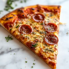 Savory pepperoni pizza slice resting on a marble surface garnished with herbs and cheese