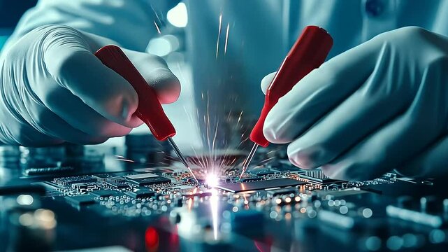 Extreme close-up of an electronic technician's steady hands using red and black multimeter probes to check a microchip&rsquo;s conductivity on a green PCB