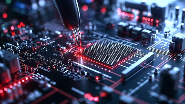 Close-up of an advanced microprocessor with a skilled technician measuring electrical resistance using fine-point multimeter probes in a precision electronics lab.