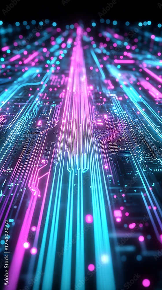 Leinwandbilder Vibrant neon circuit board pattern with glowing lines in shades of blue and pink creating a dynamic visual : Generative AI