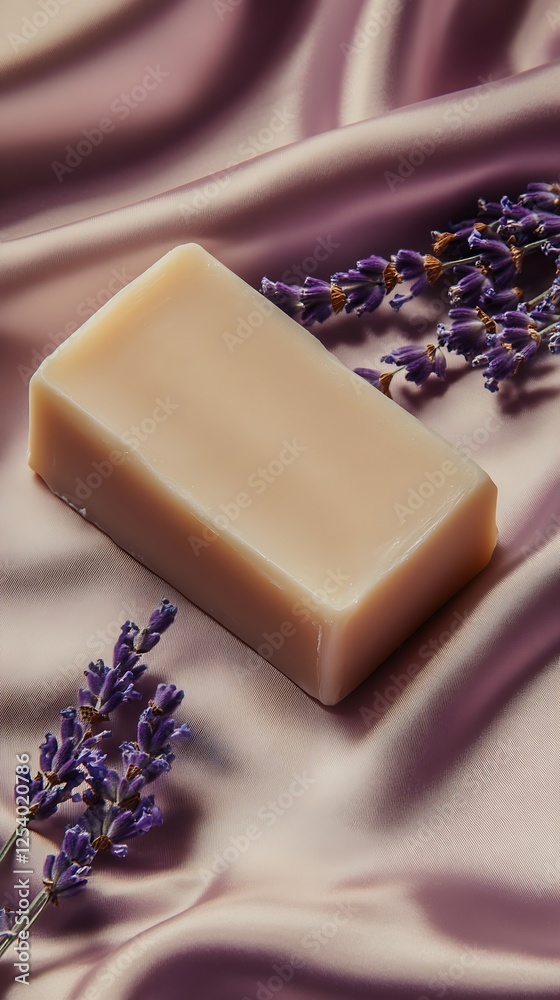Aufkleber refined lavender soap bar elegantly positioned on silky surface with lavender flowers enhancing sere