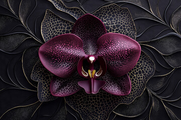 Close-up of a luxurious purple orchid on a textured dark background with intricate leaf patterns