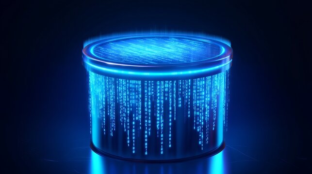 Futuristic Digital Data Cylinder Abstract Blue Neon Glowing Technology Background Modern Sci Fi Design Element Virtual Reality Binary Code Cyberpunk  