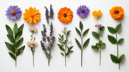 Obraz premium Assortment of vibrant colorful flowers and greenery laid on white